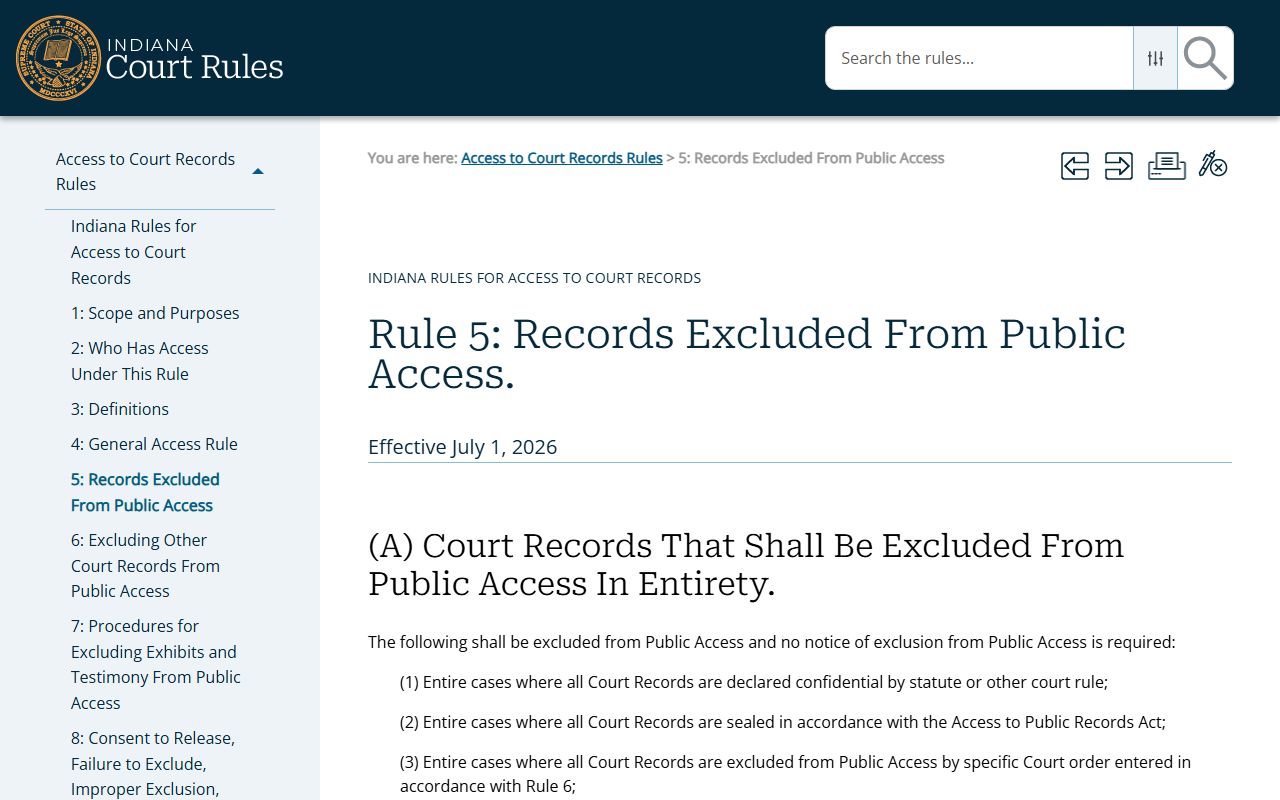 Marshall County court records Indiana Rule 5 excluded records