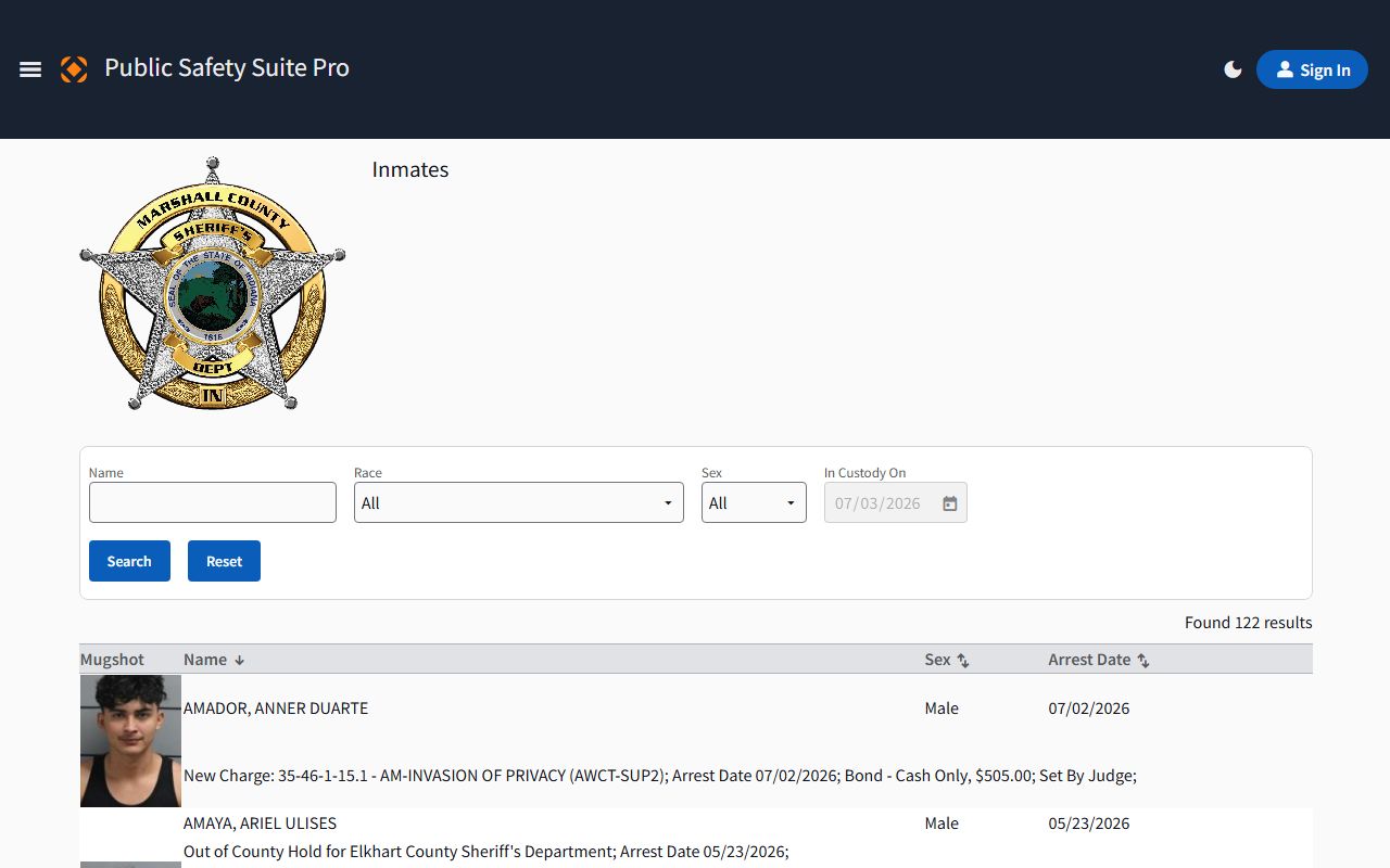 Marshall County inmate records CentralSquare jail roster portal