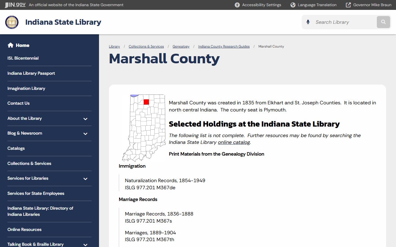 Marshall County marriage records Indiana State Library guide